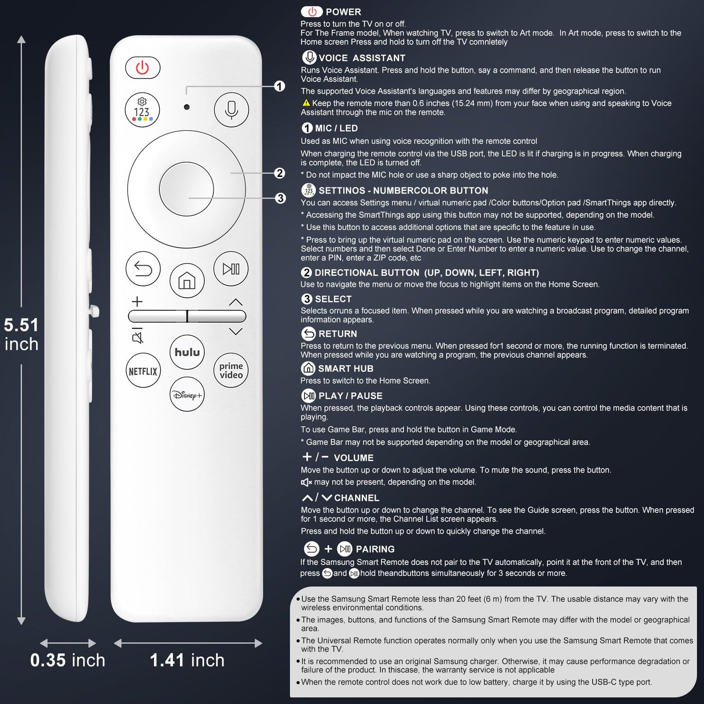 Rechargeable Voice Remote for Samsung-TV-Remote-Control-Replacement Compatible with Samsung Smart Solar Frame QLED Curved Crystal UHD OLED TVs