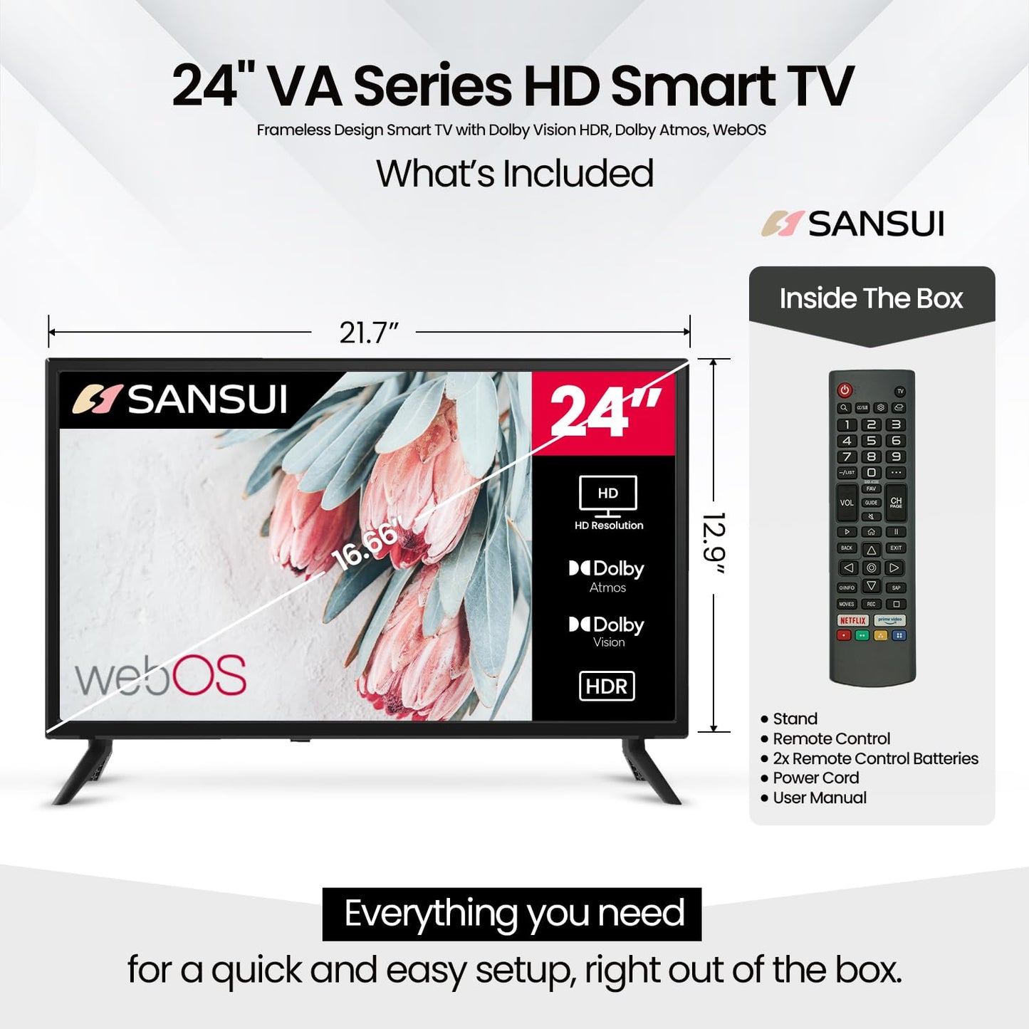 SANSUI 40 Inch Smart LED TV FHD 1080P, WebOS with Google Play & Game Optimizer, Dolby Vision HDR Atmos, 16W Speakers, Apple Home Compatibility, WiFi Bluetooth Ethernet, Frameless VESA
