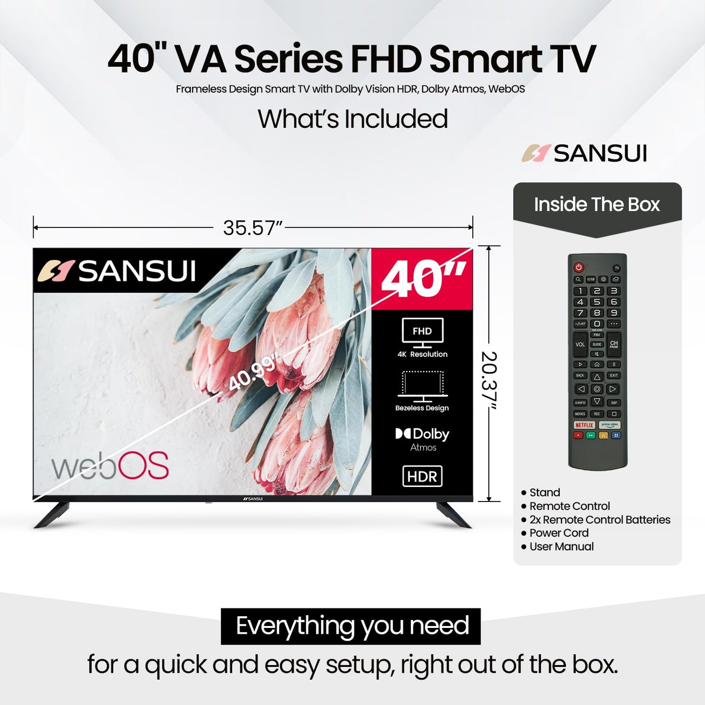 SANSUI 40 Inch Smart LED TV FHD 1080P, WebOS with Google Play & Game Optimizer, Dolby Vision HDR Atmos, 16W Speakers, Apple Home Compatibility, WiFi Bluetooth Ethernet, Frameless VESA
