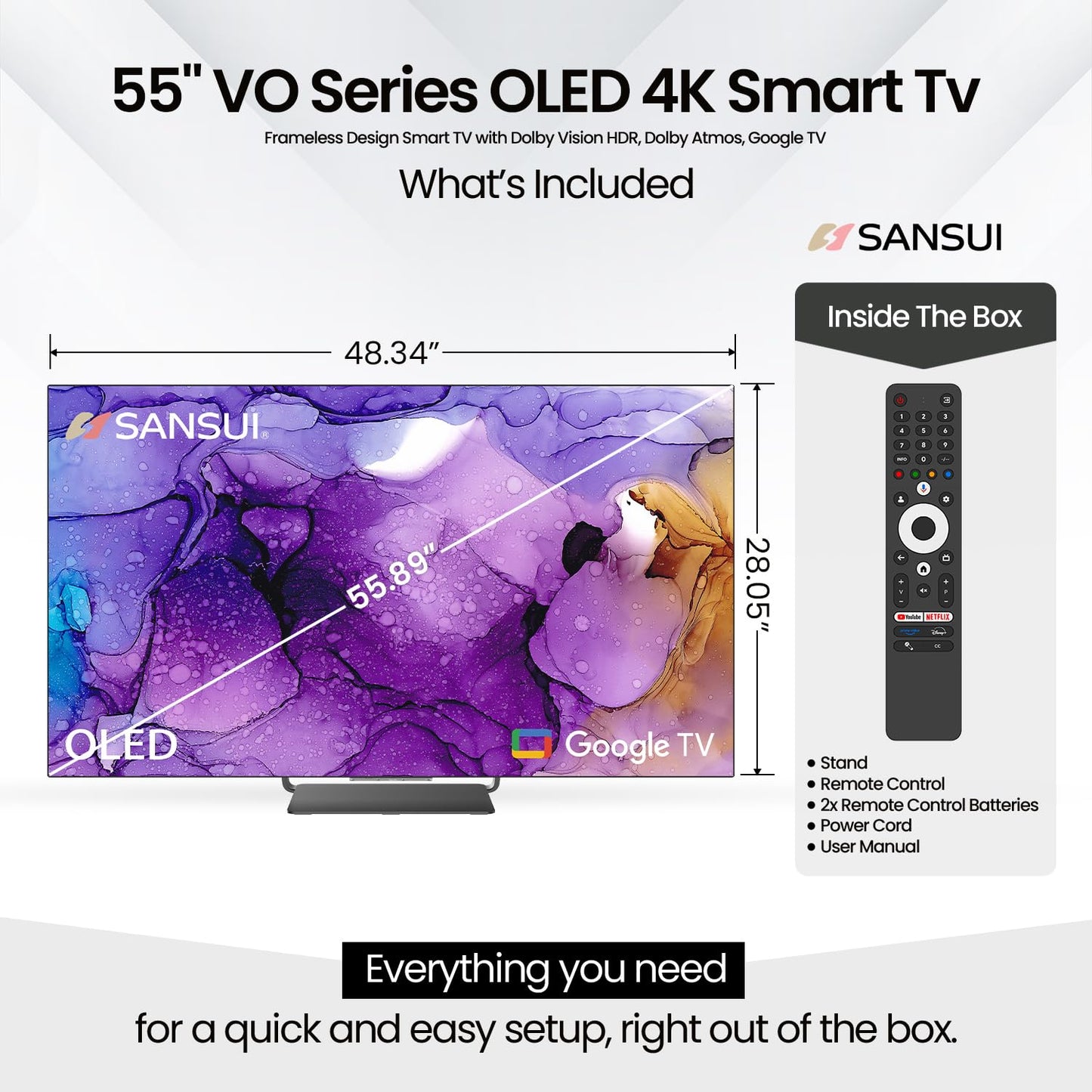 SANSUI 40 Inch Smart LED TV FHD 1080P, WebOS with Google Play & Game Optimizer, Dolby Vision HDR Atmos, 16W Speakers, Apple Home Compatibility, WiFi Bluetooth Ethernet, Frameless VESA