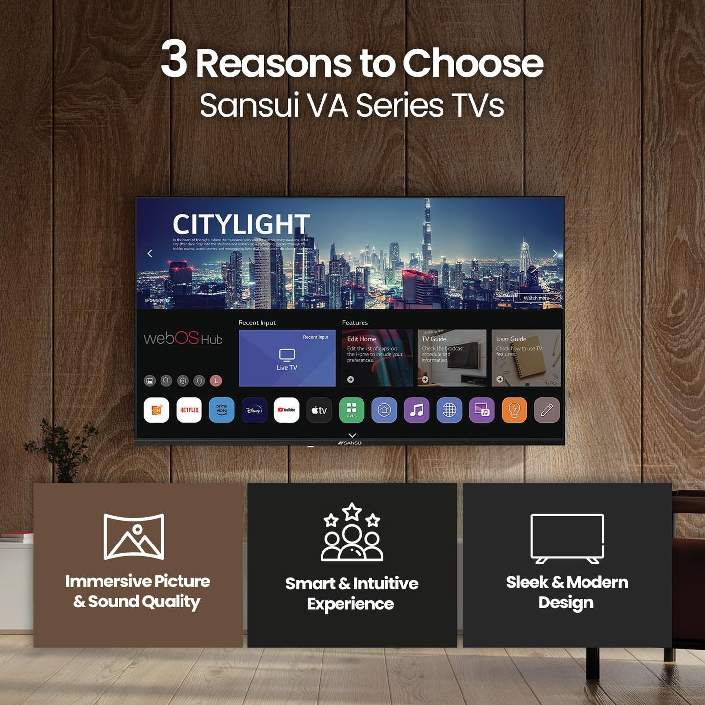 SANSUI 40 Inch Smart LED TV FHD 1080P, WebOS with Google Play & Game Optimizer, Dolby Vision HDR Atmos, 16W Speakers, Apple Home Compatibility, WiFi Bluetooth Ethernet, Frameless VESA